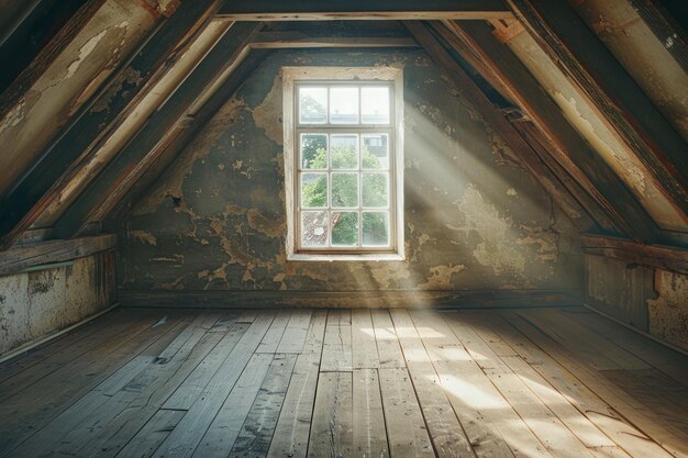 写真 太陽に照らされた田舎の屋根裏部屋は,ヴィンテージの木製の床と単一の窓で,塵のある内部スペースを照らしています.