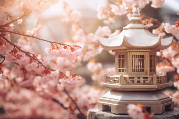 Sunlit Sakura envelops a stone lantern a serene symbol amidst the bloom of Japans cherished Hanami season