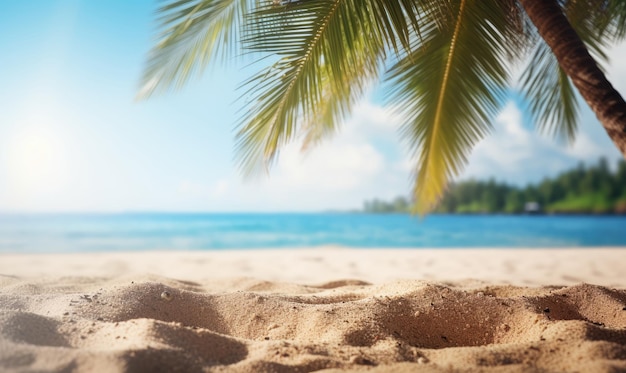 Sunlit sand foreground with a softfocus palm tree silhouette against a tranquil beach backdrop AI generative