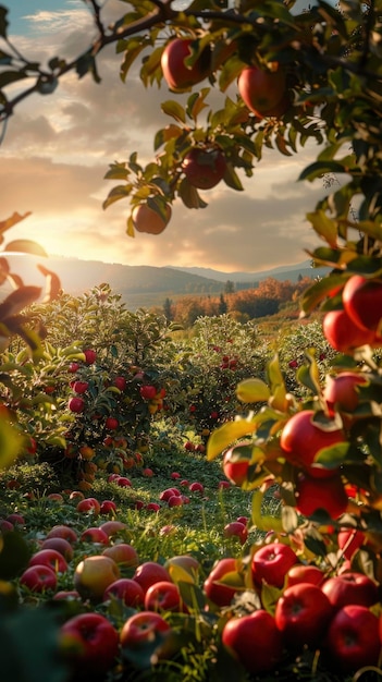 Sunlit scene overlooking the apple plantation with many apples bright rich color