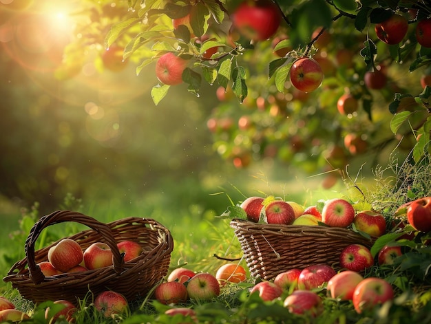 Sunlit scene overlooking the apple plantation with many apples bright rich color