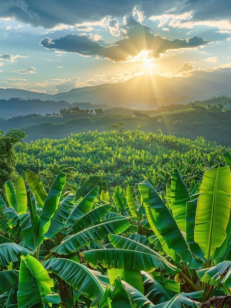 Sunlit scene overlooking the banana plantation with many bananas bright rich color