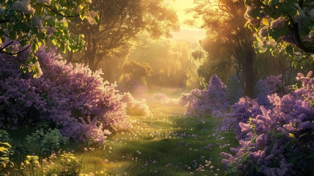 Sunlit scene overlooking the lilac plantation with many lilac blooms bright rich color