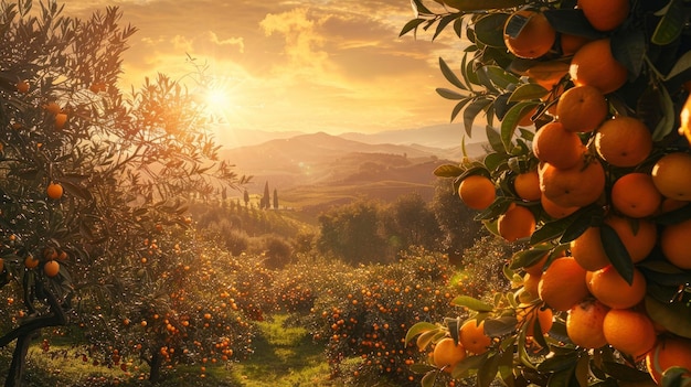Солнечная сцена с видом на апельсиновую плантацию с множеством апельсинов яркого богатого цвета