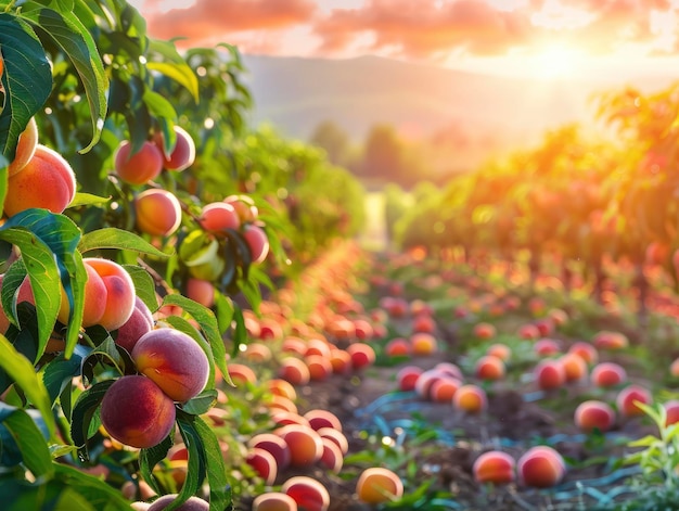 Sunlit scene overlooking the peach plantation with many peaches bright rich color
