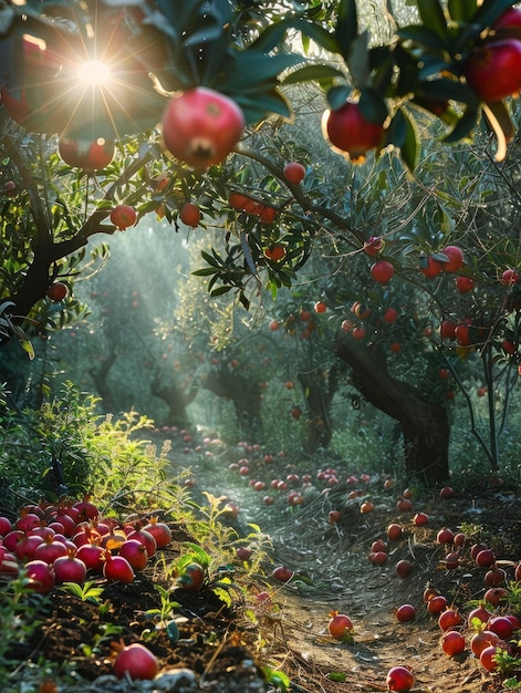 Sunlit scene overlooking the pomegranate plantation with many pomegranates bright rich color