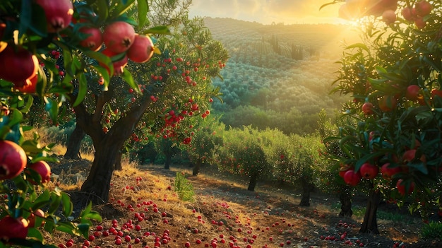 Sunlit scene overlooking the pomegranate plantation with many pomegranates bright rich color