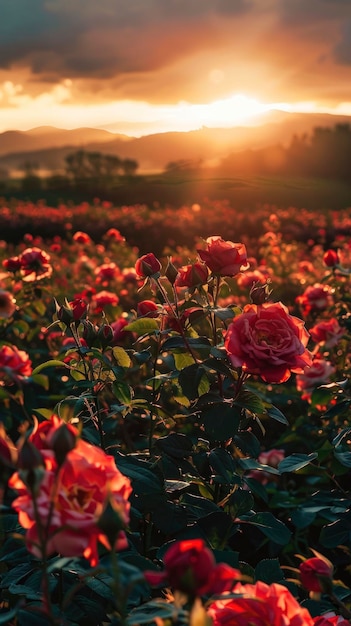 Photo sunlit scene overlooking the rose plantation with many rose blooms bright rich color