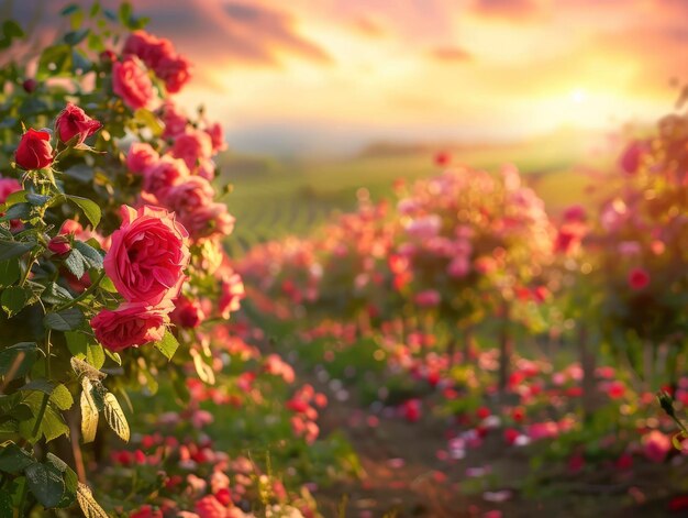 Sunlit scene overlooking the rose plantation with many rose blooms bright rich color