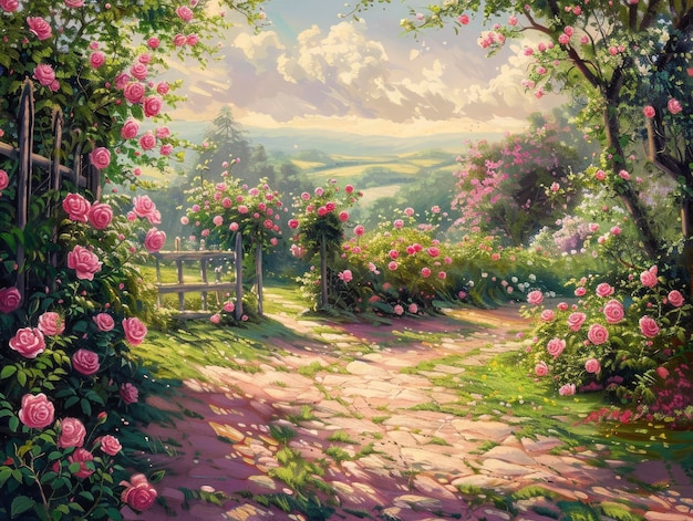 Sunlit scene overlooking the rose plantation with many rose blooms bright rich color