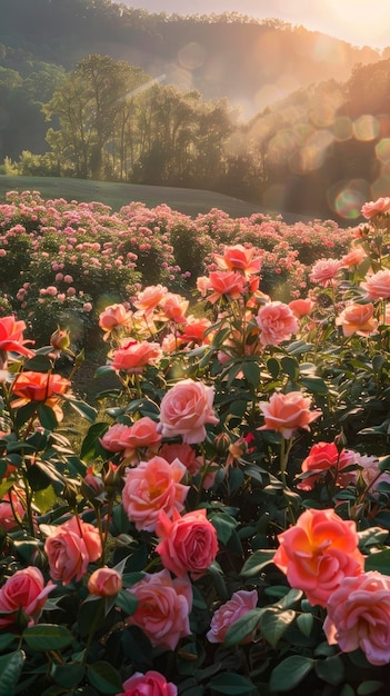 Sunlit scene overlooking the rose plantation with many rose blooms bright rich color