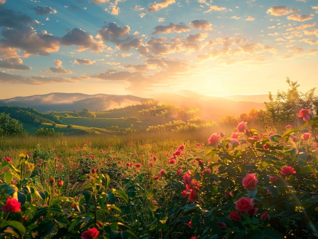 Sunlit scene overlooking the rose plantation with many rose blooms bright rich color