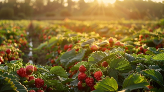 Sunlit scene overlooking the strawberry plantation with many strawberries bright rich color