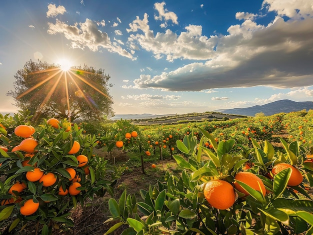 Sunlit scene overlooking the tangerine plantation with many tangerines bright rich color