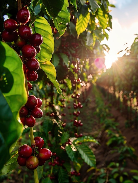 Sunlit scene with ripe coffee beans on the plantation bright rich color professional photo