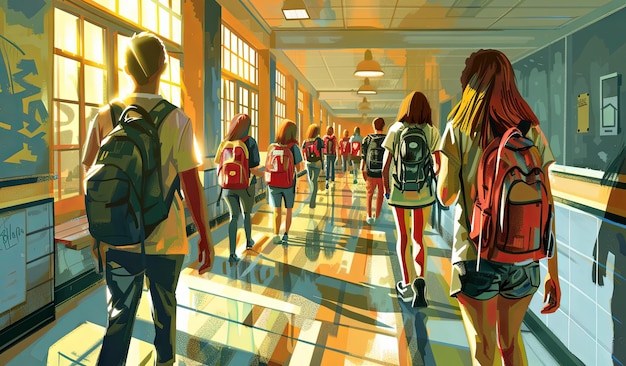 Sunlit school hallway with students walking to class