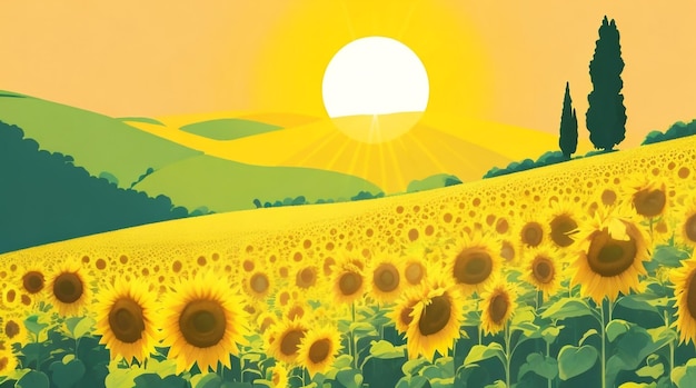 Sunlit Serenity Drawing of Sunflowers Field in the Italian Hill at Golden Hour