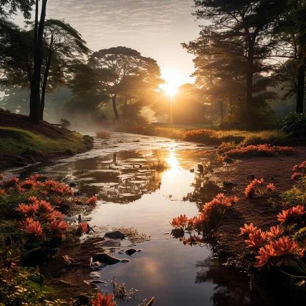 Sunlit Serenity Warm Vivid Morning Landscape in the Park