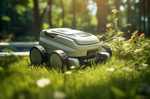 Sunlit Setting Robotic Lawn Mower in Action AI