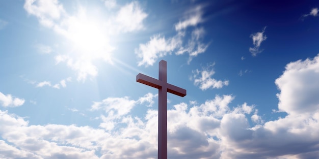 A sunlit sky behind a cross atop a stone hill