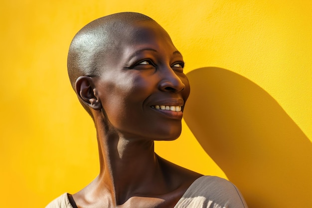 Sunlit Smile of Bald Woman on Yellow Background