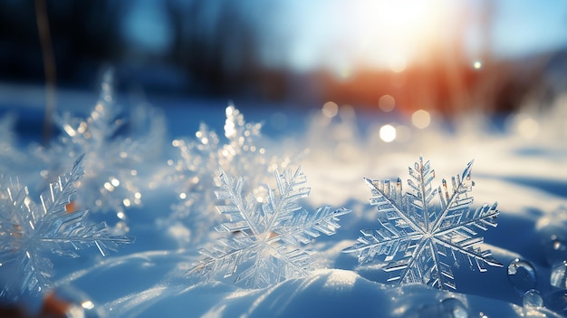 太陽に照らされた雪花 純な白い優雅さ