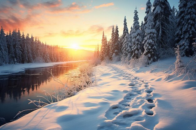 Sunlit snowy landscape with evergreen trees