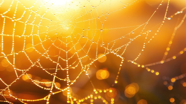 Sunlit Spiderweb with Morning Dew Drops The morning sun illuminates a spiderweb creating a sparkling effect on the dewcovered threads against an orange sunrise