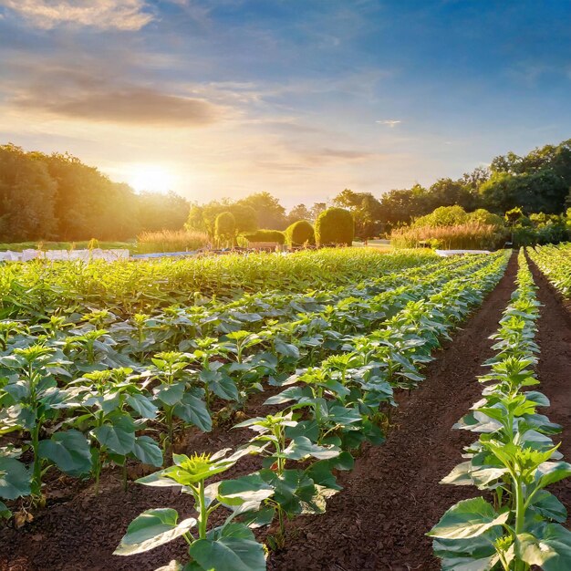 Sunlit Sprouts Vibrant Field of Youthful Sunflower Crops