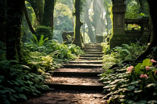 Солнечная каменная лестница извилисто проходит через пышный лес