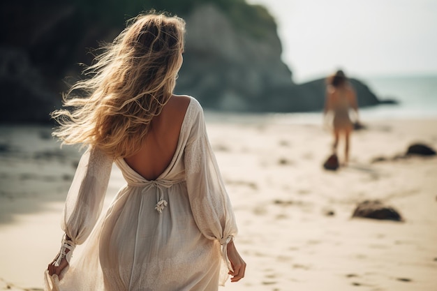 Залитая солнцем блондинка-мечтательница в летнем платье на тропическом берегу