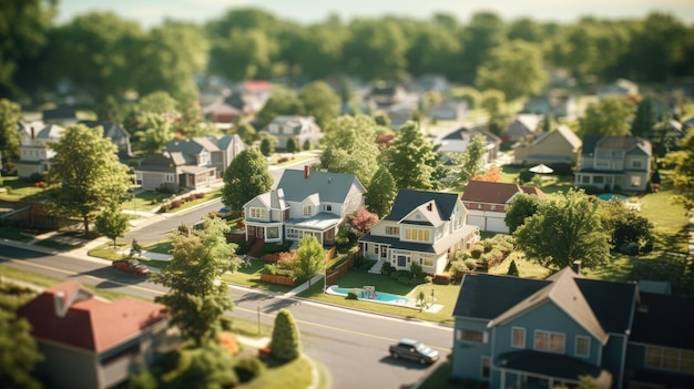 Sunlit suburbia A defocused view of a pretty suburban neighborhood with trees and sunlight