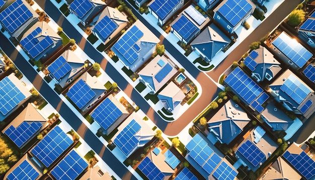 Sunlit suburbia solarpowered homes gleaming at dawn