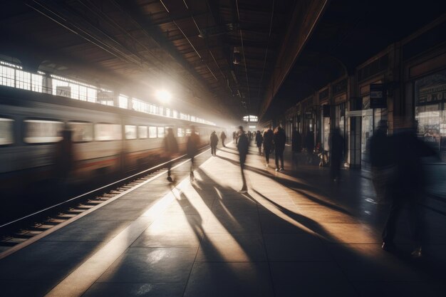 Sunlit train station busy passengers hurrying blurred motion sunlight shadows AI Generated content