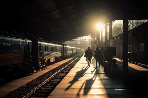 Sunlit train station busy passengers hurrying blurred motion sunlight shadows AI Generated content