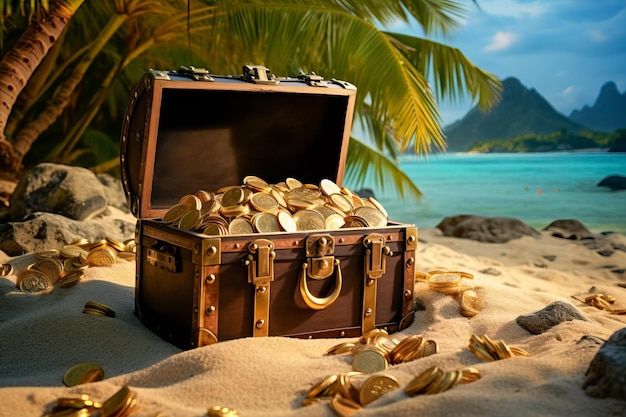 Sunlit treasure chest filled with gold coins on tropical beach backdrop