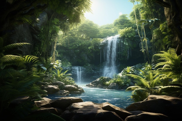 Sunlit tropical waterfall surrounded by lush Generative ai