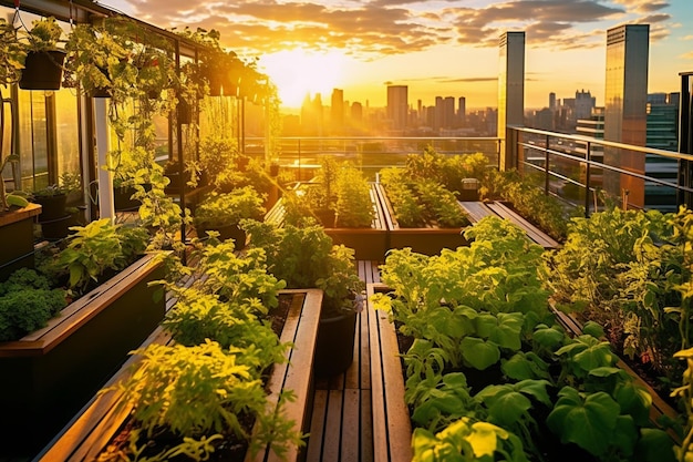 Photo sunlit urban rooftop garden