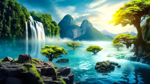 Sunlit View of a Lake and Waterfall with Wild Forest TreesParadise