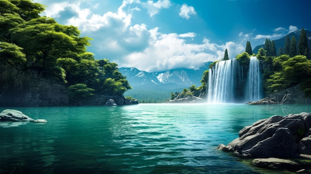 Sunlit View of a Lake and Waterfall with Wild Forest TreesParadise