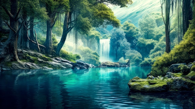 野生の森の木々が茂る湖と滝の太陽に照らされた眺めパラダイス