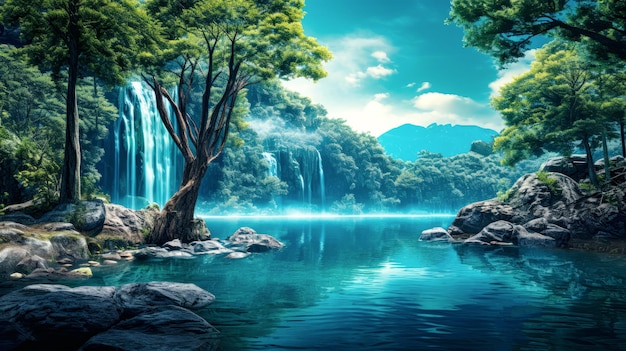 Sunlit View of a Lake and Waterfall with Wild Forest TreesParadise