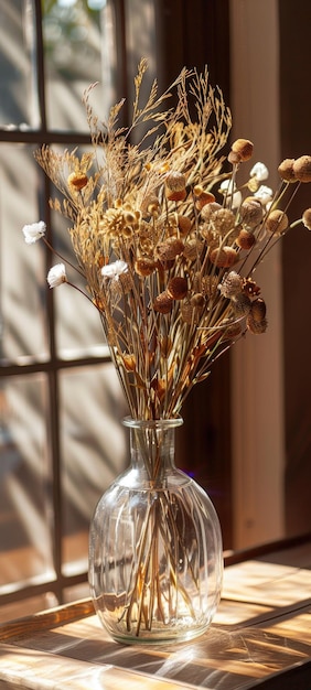 写真 窓のそば に 乾燥 し た 花 を 飾っ て いる 太陽 に 照らさ れ て いる ヴィンテージ ガラス の 花瓶