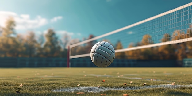 Солнечная волейбольная площадка с летающим мячом рекреационная спортивная сцена яркая внешняя обстановка идеально подходит для спортивных тем и контента стиля жизни ИИ