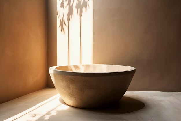 Sunlit wall and clay bowl in beige tones