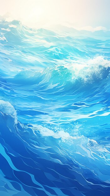 Sunlit waves blue ocean crashing