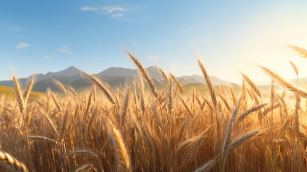 Sunlit Wheat Field With Majestic Mountain Landscape