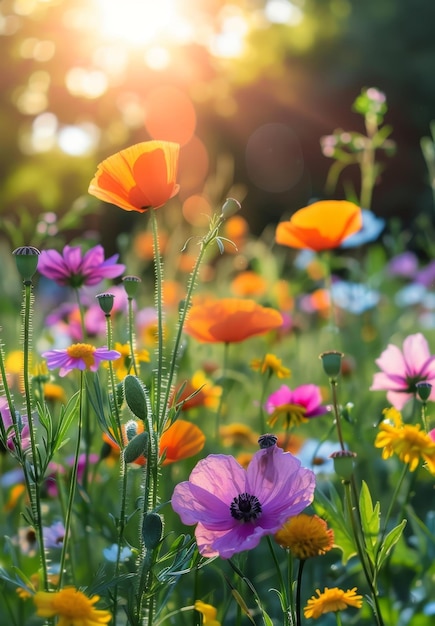 Foto fiori selvatici illuminati dal sole in un prato lussureggiante
