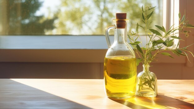 Sunlit Window Display Featuring a Clear Glass Bottle of Olive Oil and Fresh Herbs