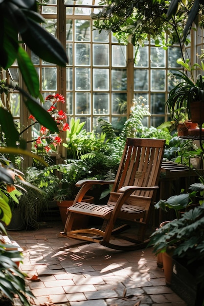 Sunlit wooden chair amidst lush plants in a botanical garden